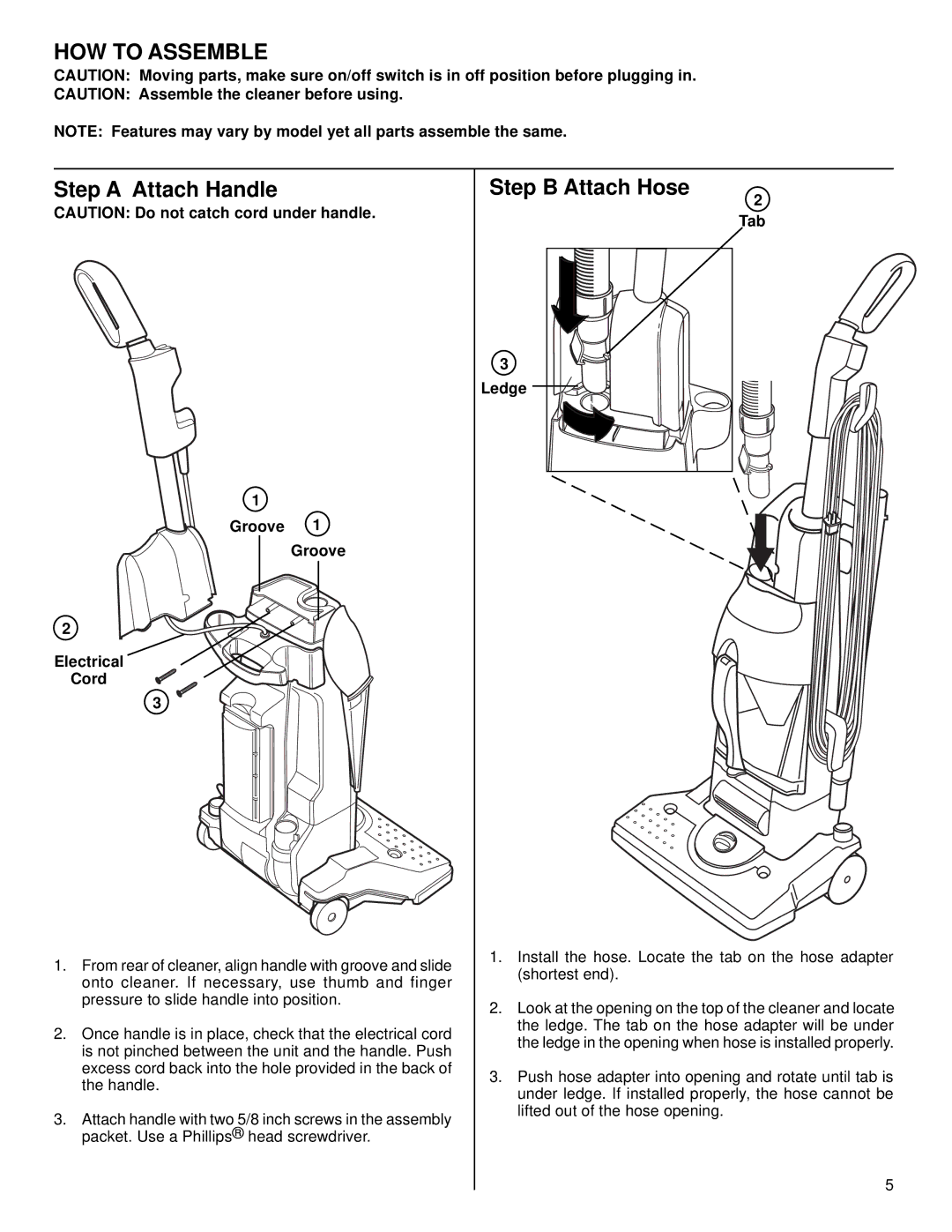 Eureka 4500 warranty Step a Attach Handle, Step B Attach Hose, Groove Electrical Cord, Tab Ledge 