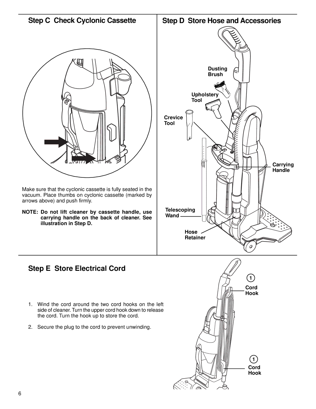 Eureka 4500 Step C Check Cyclonic Cassette, Step D Store Hose and Accessories, Step E Store Electrical Cord, Cord Hook 