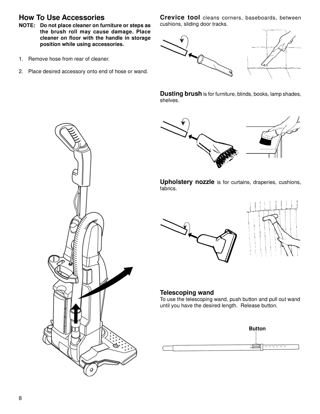 Eureka 4500 warranty How To Use Accessories, Telescoping wand, Button 