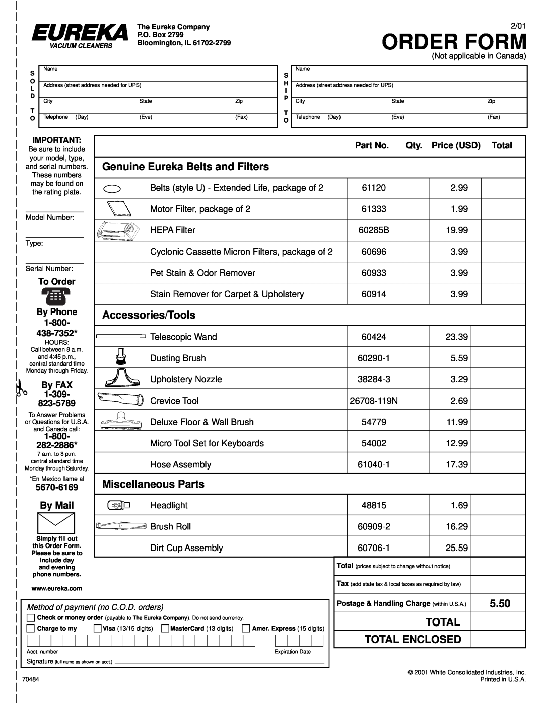 Eureka 4500 Order Form, Genuine Eureka Belts and Filters, Accessories/Tools, Miscellaneous Parts, 5.50, Total, By Mail 