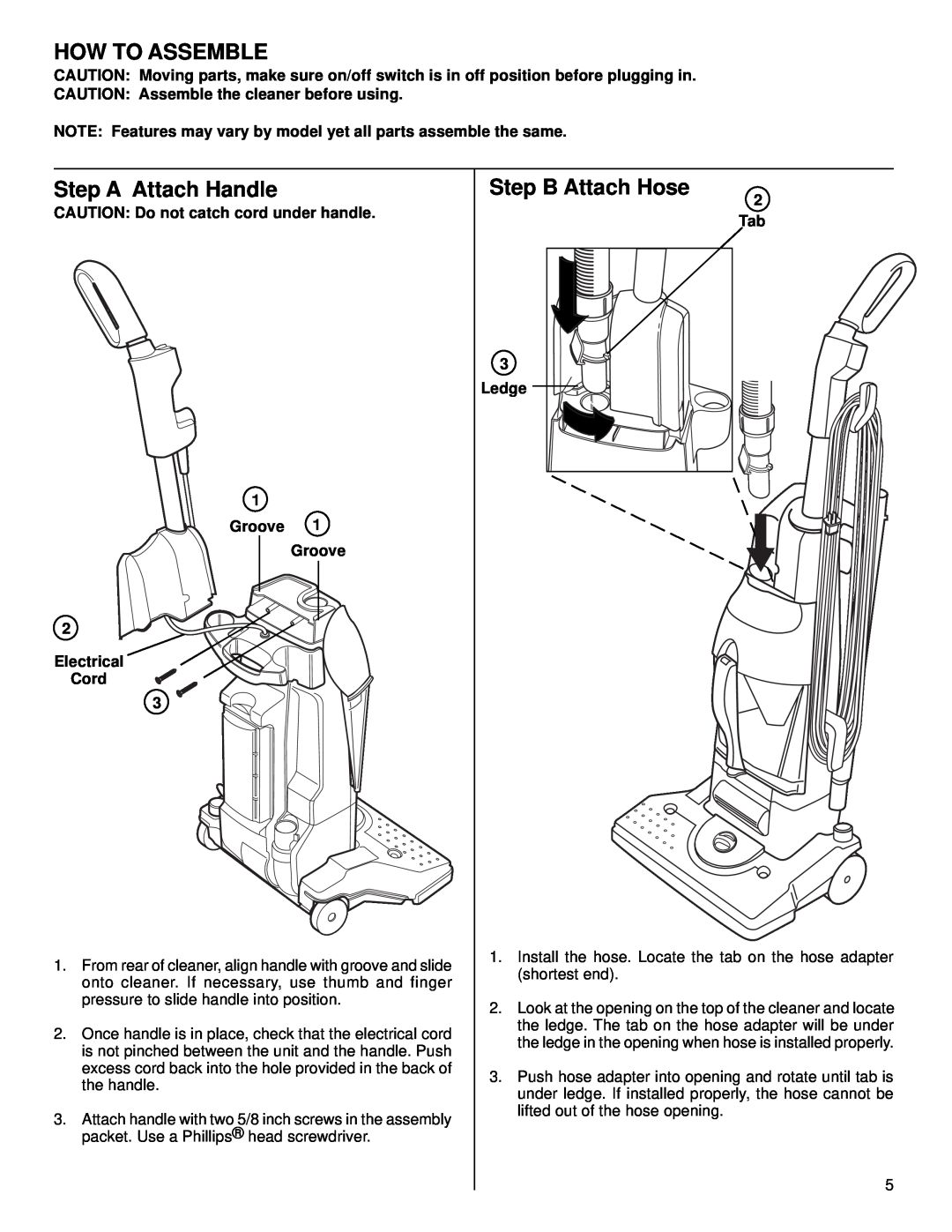 Eureka 4500 How To Assemble, Step A Attach Handle, Step B Attach Hose, CAUTION Assemble the cleaner before using, 2 Tab 