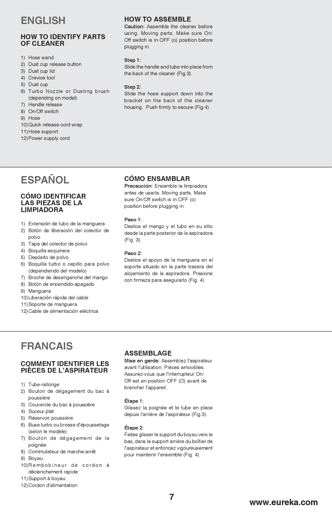 Eureka 460 HOW to Identify Parts of Cleaner, HOW to Assemble, Cómo Identificar LAS Piezas DE LA Limpiadora, Cómo Ensamblar 