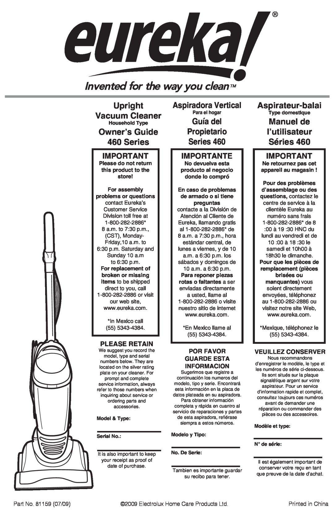 Eureka manual Upright Vacuum Cleaner, Owner’s Guide 460 Series, Aspiradora Vertical, Guía del Propietario Series 