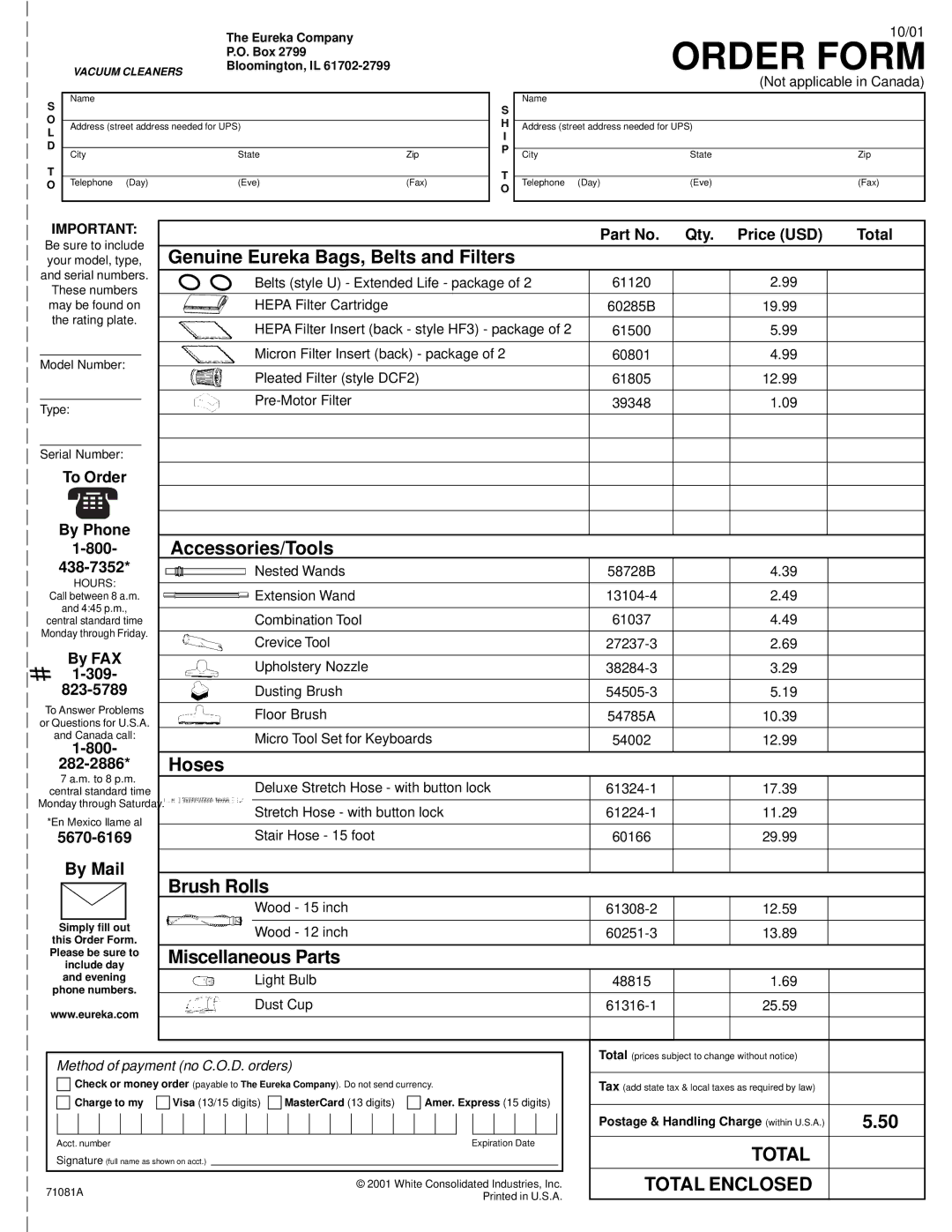 Eureka 4680, 4650 warranty Qty. Price USD Total, By Phone, 800 438-7352, By FAX, 309 823-5789, 282-2886, 5670-6169 