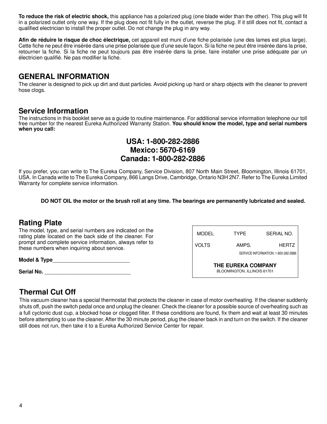 Eureka 4650, 4680 warranty General Information, Service Information, USA Mexico Canada, Rating Plate, Thermal Cut Off 