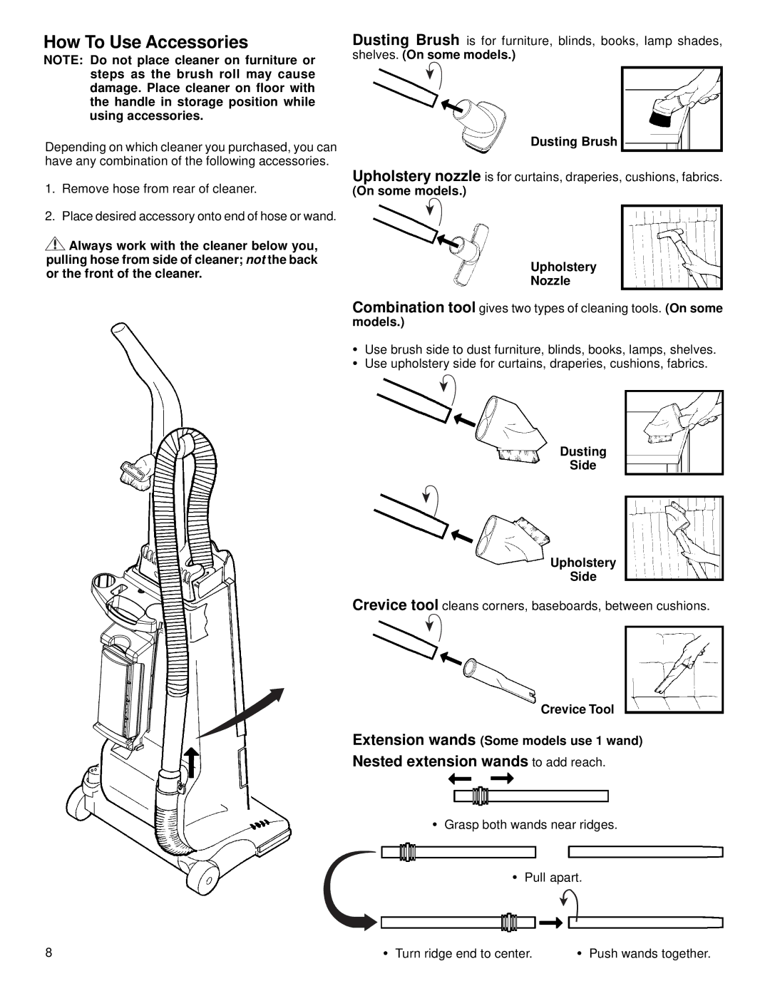 Eureka 4650, 4680 warranty How To Use Accessories, Shelves. On some models Dusting Brush, On some models Upholstery Nozzle 