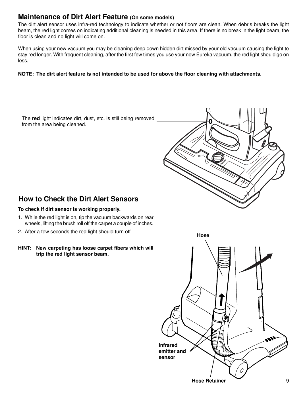 Eureka 4680, 4650 warranty Maintenance of Dirt Alert Feature On some models, How to Check the Dirt Alert Sensors 