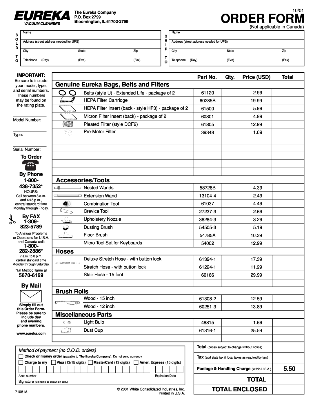 Eureka 4680 Order Form, Genuine Eureka Bags, Belts and Filters, Accessories/Tools, Hoses, Brush Rolls, Miscellaneous Parts 