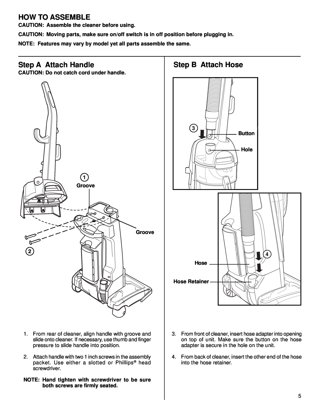 Eureka 4680, 4650 warranty How To Assemble, Step A Attach Handle, Step B Attach Hose 