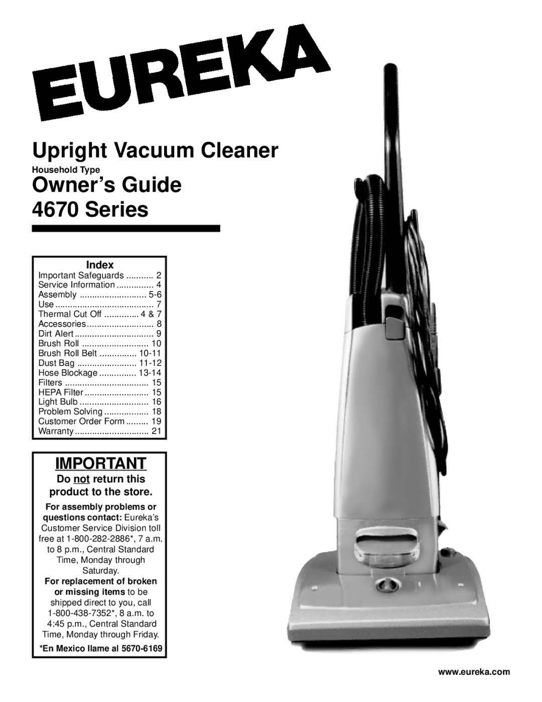 Eureka 4670 Series warranty Owner’s Guide Series, Household Type 