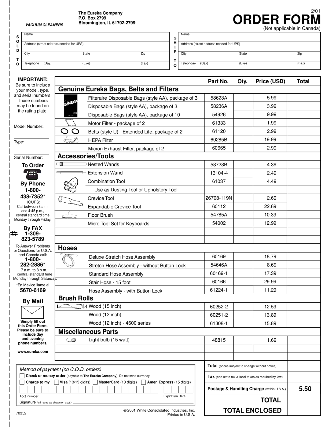 Eureka 4670 Series warranty Qty. Price USD Total, By Phone, 800, 438-7352, By FAX, 309 823-5789, 282-2886, 5670-6169 