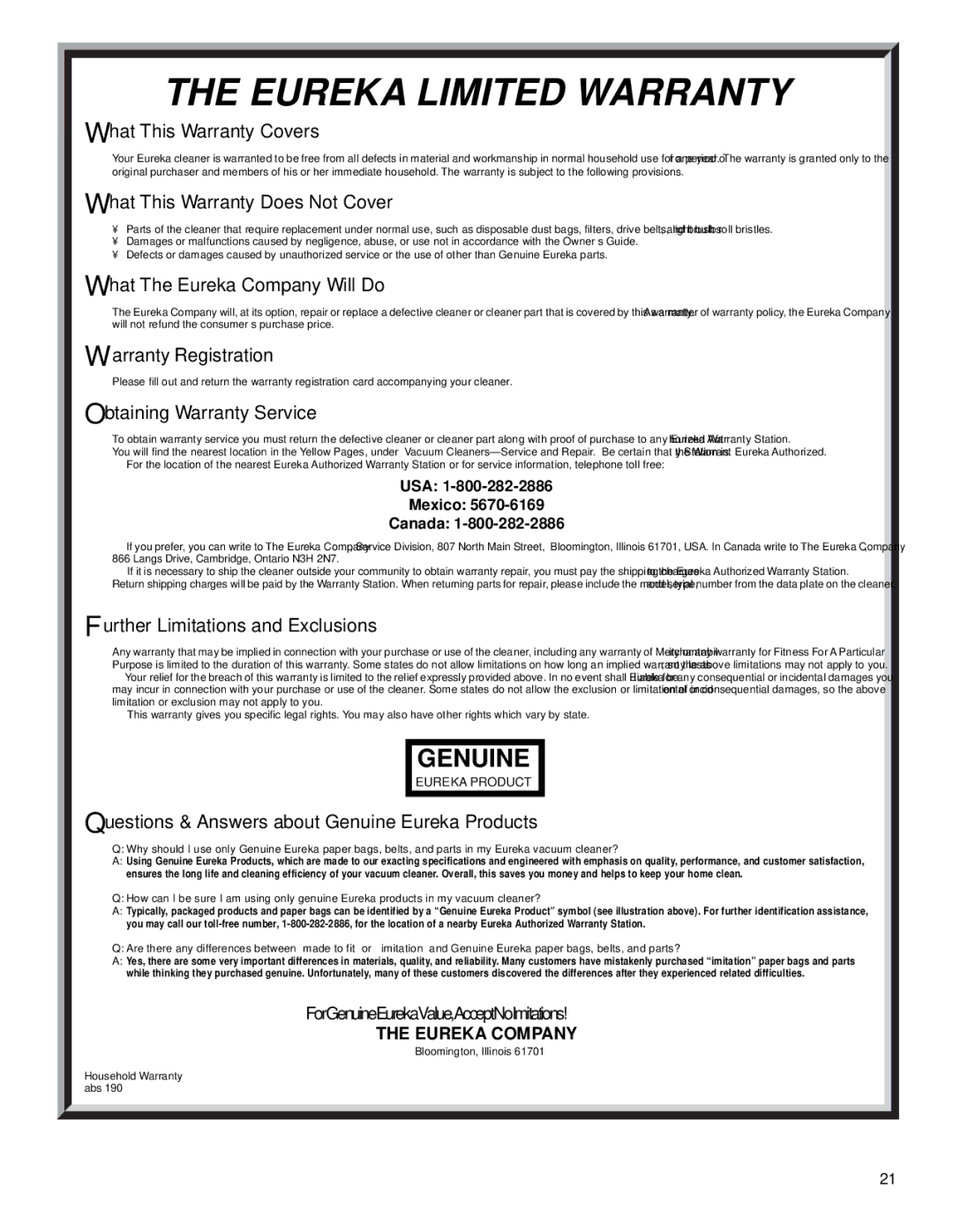 Eureka 4670 Series warranty Eureka Limited Warranty, USA Mexico Canada 