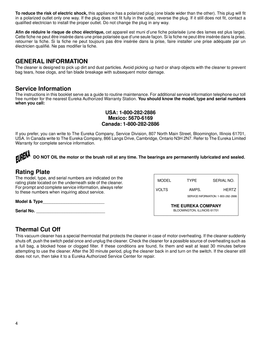 Eureka 4670 Series warranty General Information, Service Information, Rating Plate, Thermal Cut Off 