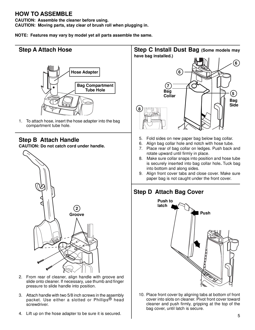 Eureka 4670 Series HOW to Assemble, Step a Attach Hose, Step B Attach Handle, Step C Install Dust Bag Some models may 