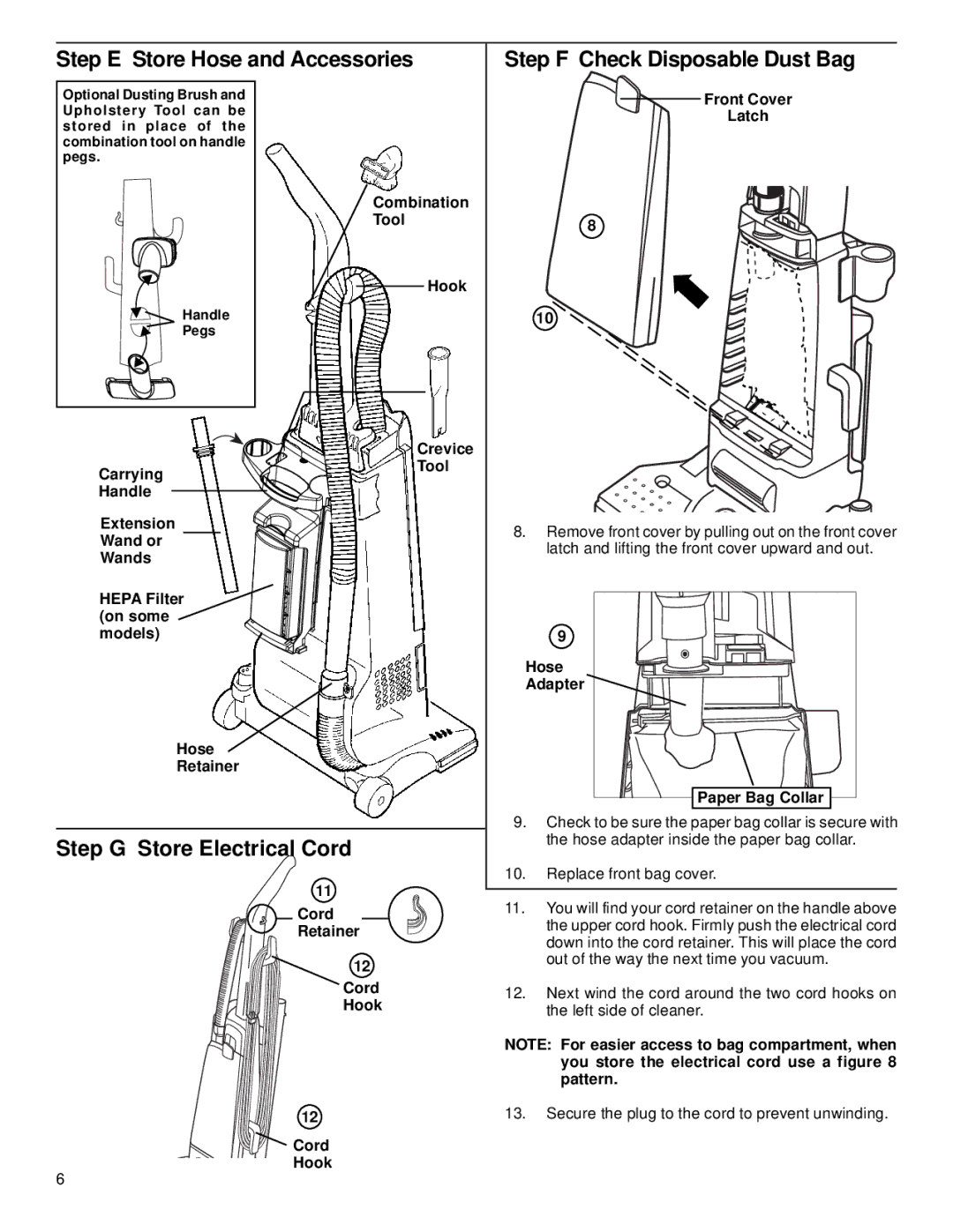 Eureka 4670 Series warranty Step G Store Electrical Cord, Hose Adapter Paper Bag Collar, Cord Retainer Cord Hook 