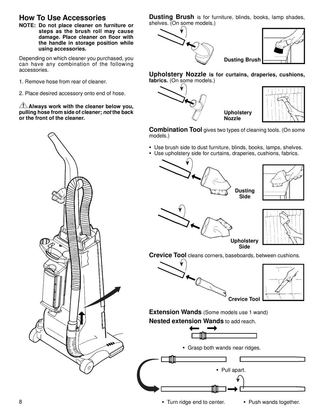 Eureka 4670 Series warranty How To Use Accessories, Dusting Side Upholstery, Crevice Tool 