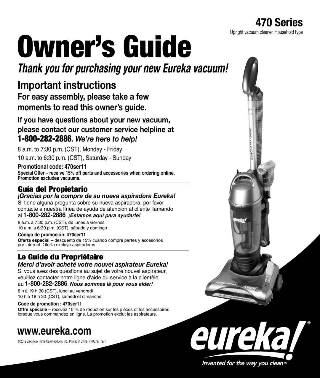 Eureka manual Important instructions, Promotional code 470ser11 