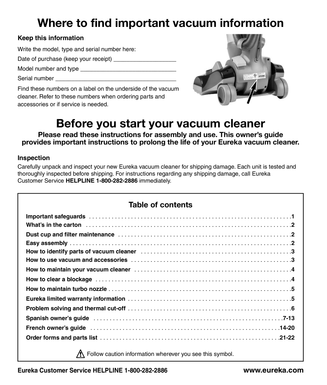 Eureka 470 manual Where to find important vacuum information, Before you start your vacuum cleaner 