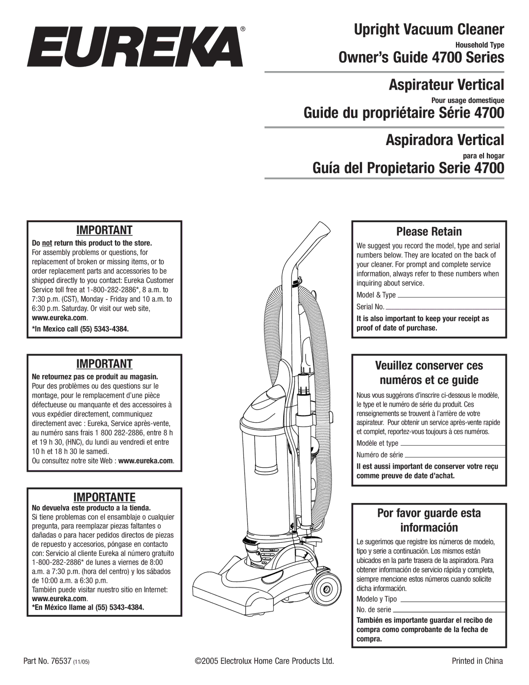 Eureka 4700 Series manual Importante, Please Retain, Por favor guarde esta Información 