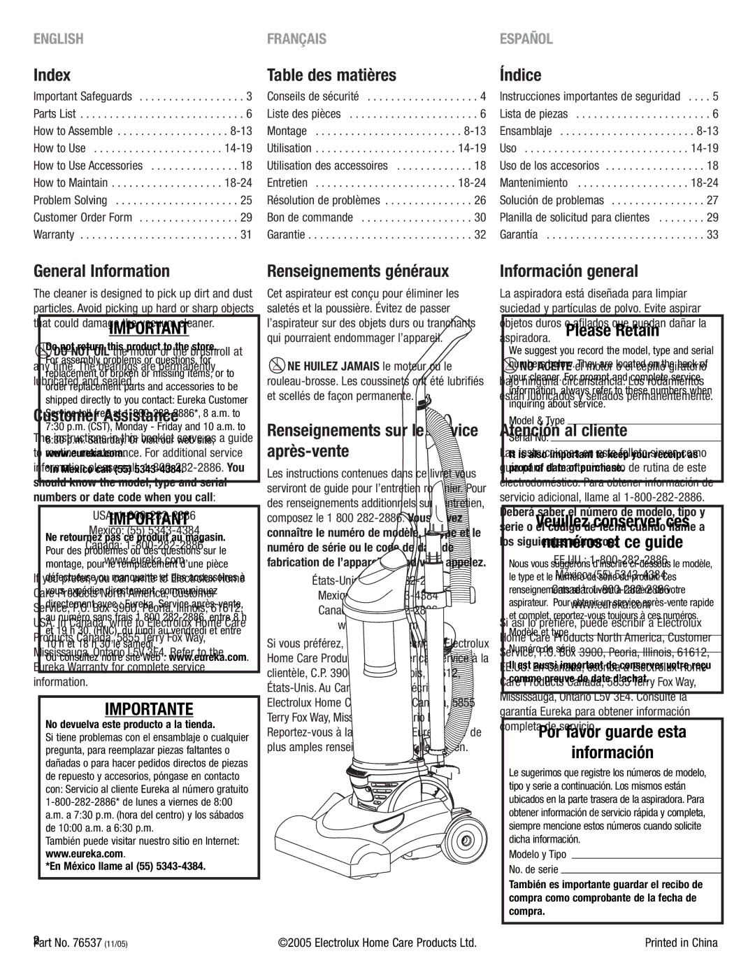 Eureka 4700 Series Index, Table des matières, Índice, General Information, Renseignements généraux, Información general 