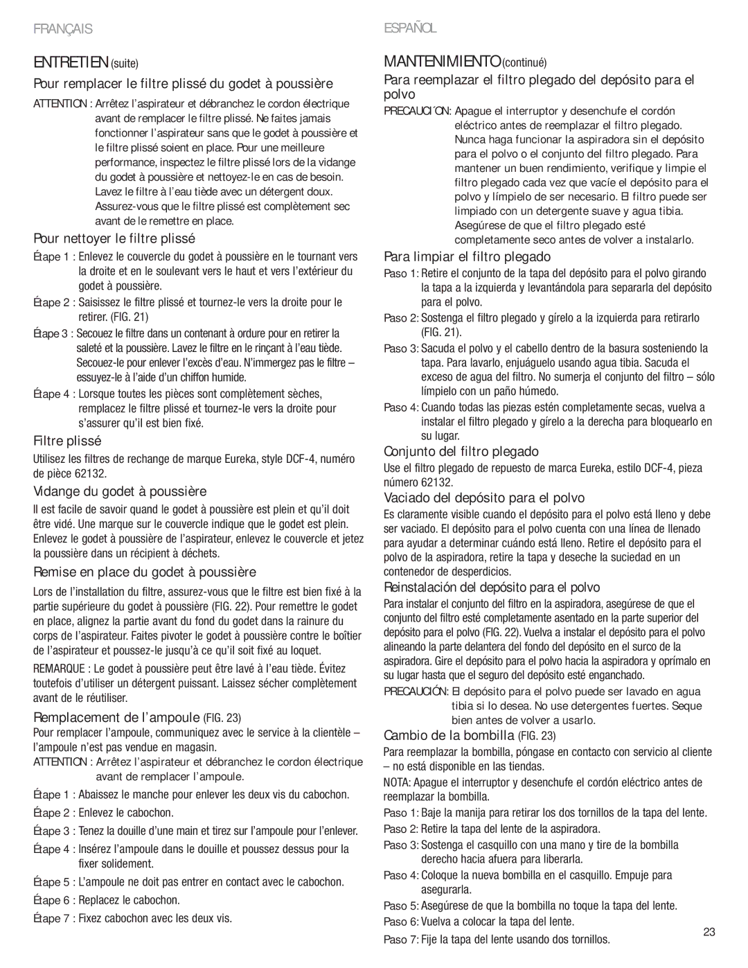 Eureka 4700 Series manual Entretien suite, Mantenimiento continué 