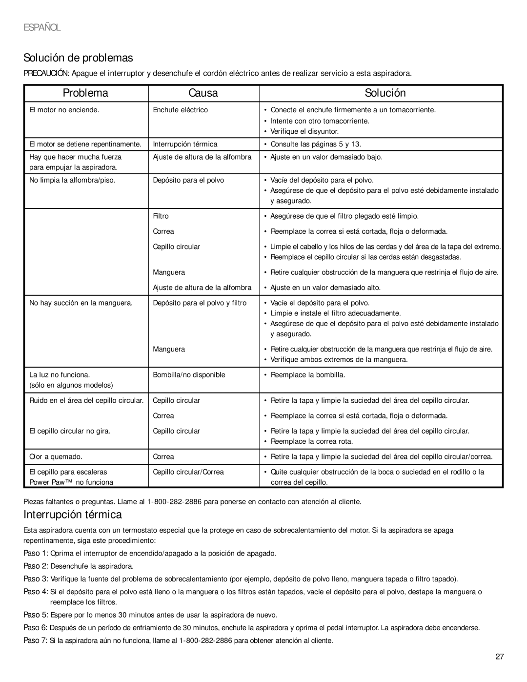 Eureka 4700 Series manual Solución de problemas, Problema Causa Solución, Interrupción térmica 