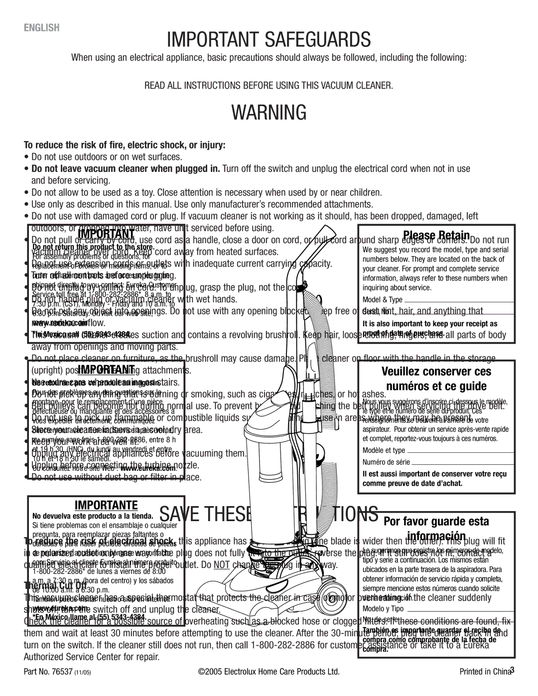 Eureka 4700 Series manual Important Safeguards 