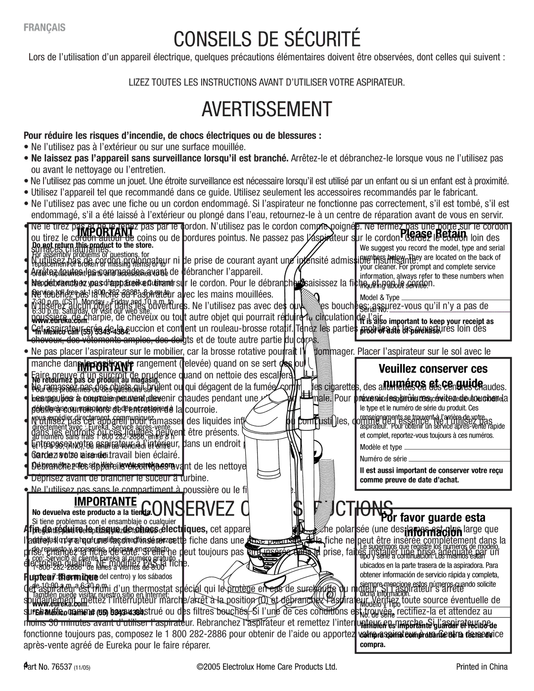 Eureka 4700 Series manual Conseils DE Sécurité 