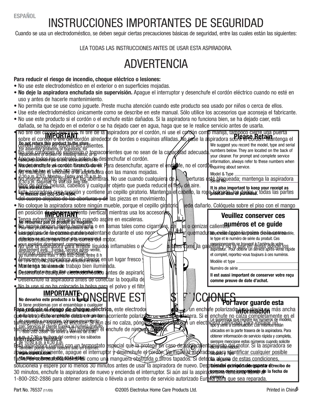 Eureka 4700 Series manual Advertencia 