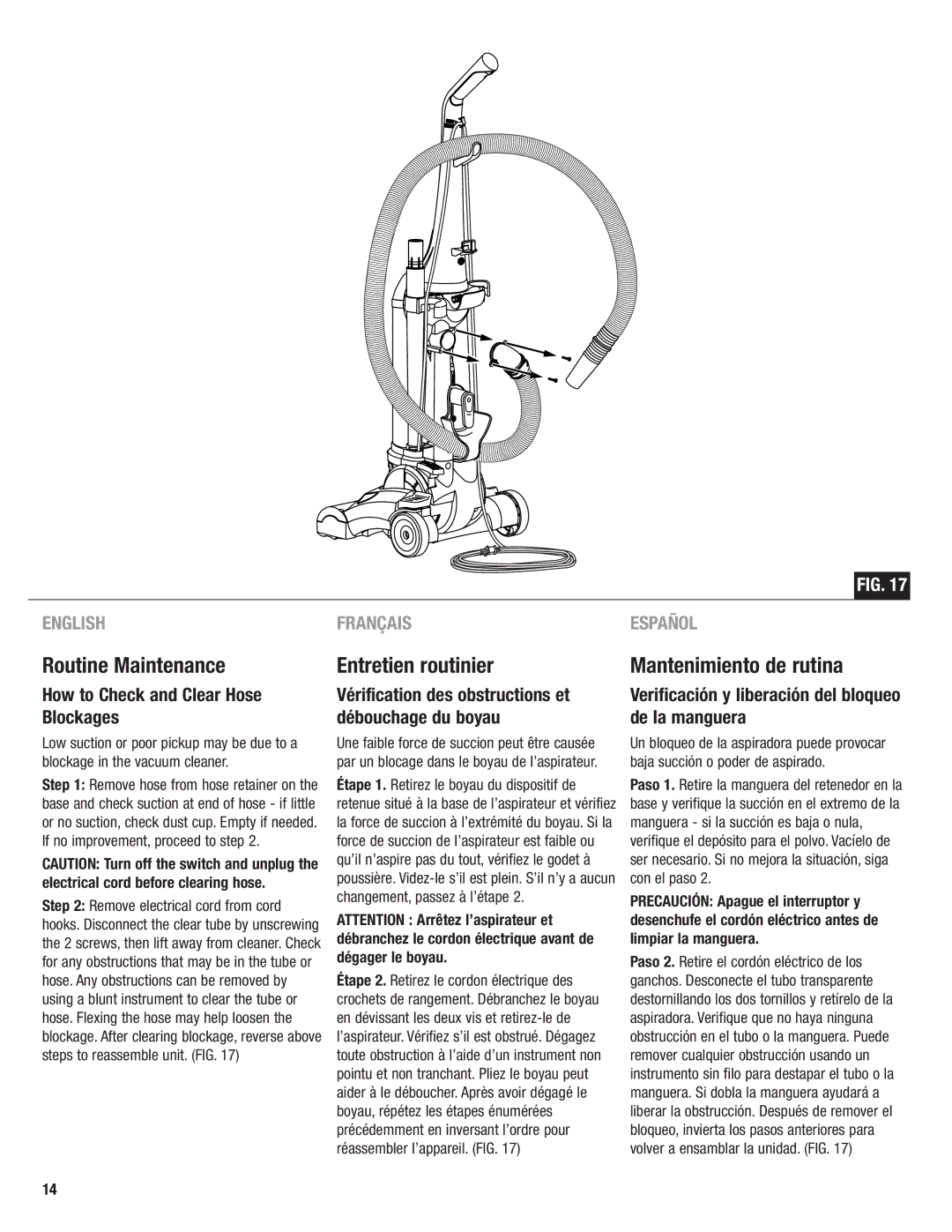 Eureka 4700 manual Routine Maintenance, Entretien routinier, Mantenimiento de rutina, How to Check and Clear Hose Blockages 