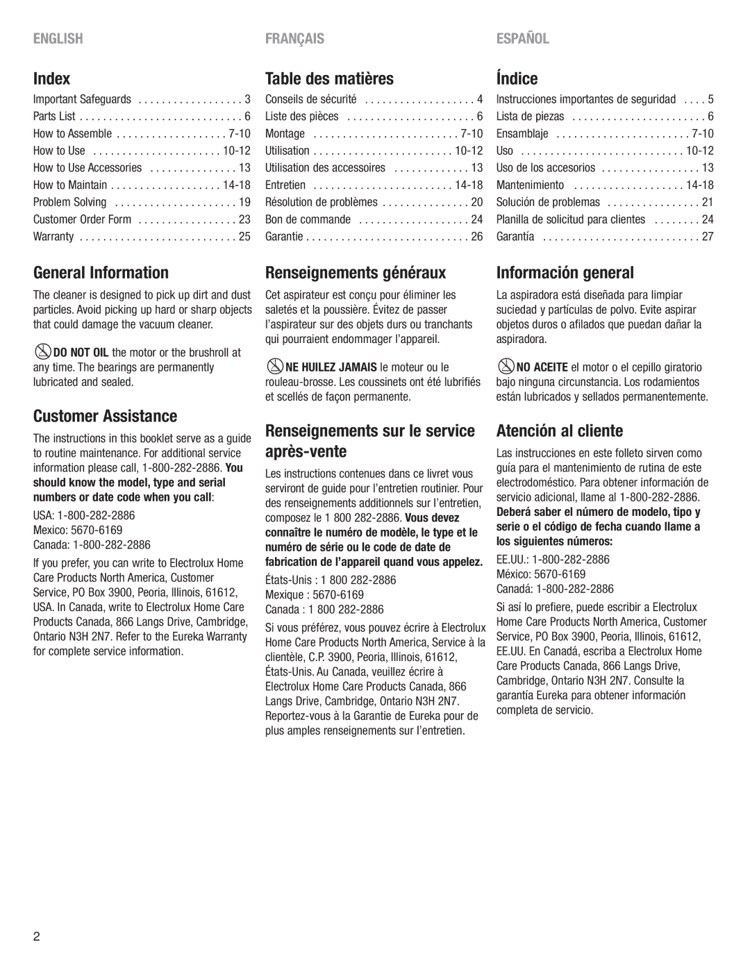 Eureka 4700 manual Index, Table des matières, Índice, General Information, Renseignements généraux, Información general 