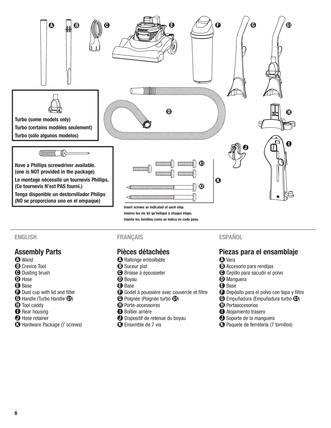 Eureka 4700 manual Assembly Parts, Pièces détachées, Piezas para el ensamblaje 