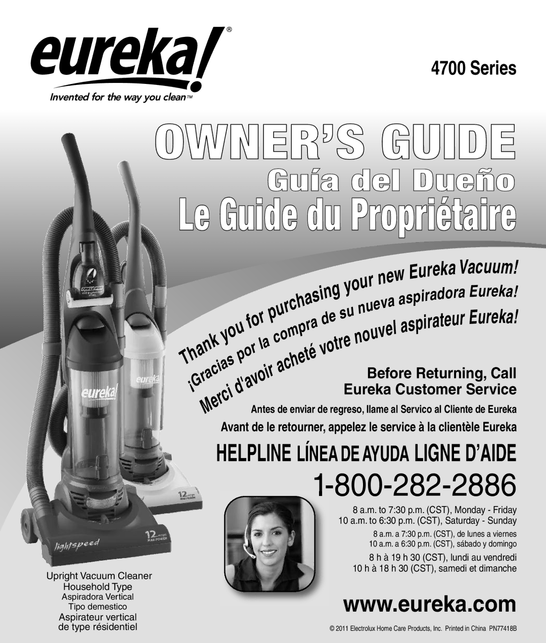 Eureka 4700 manual Series, Upright Vacuum Cleaner 