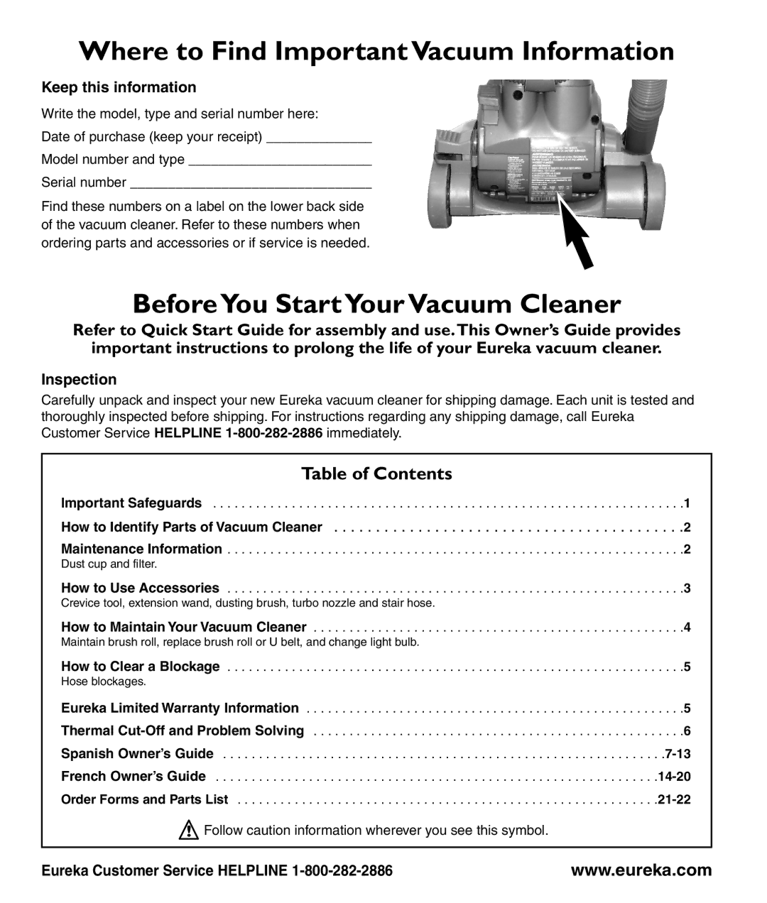 Eureka 4700 manual Where to Find Important Vacuum Information, BeforeYou Start Your VacuumCleaner 