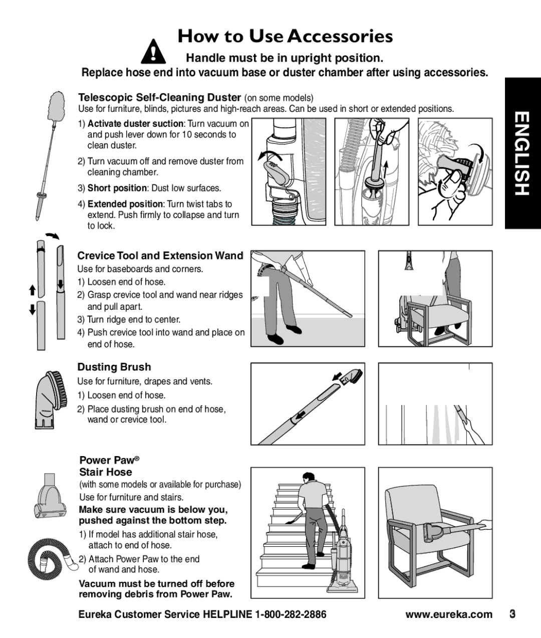 Eureka 4710 Series manual How to Use Accessories, Crevice Tool and Extension Wand, Dusting Brush, Power Paw Stair Hose 