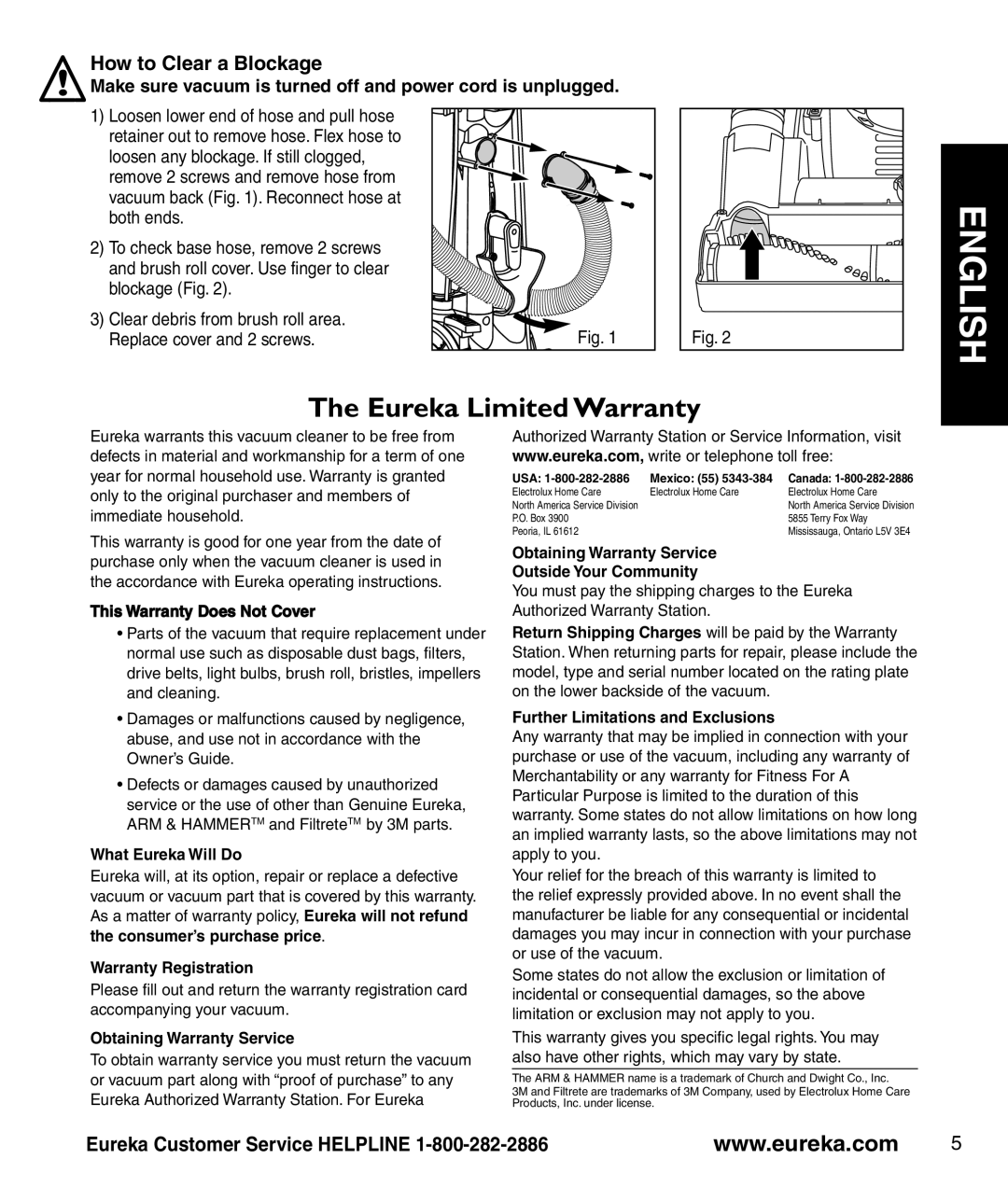 Eureka 4710 Series manual How to Clear a Blockage, English, The Eureka Limited Warranty, Eureka Customer Service HELPLINE 