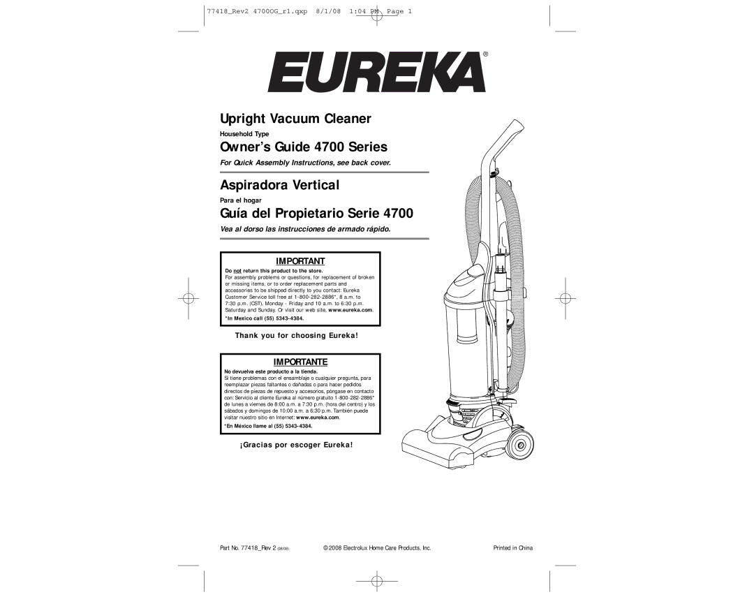 Eureka 4712 manual Thank you for choosing Eureka, ¡Gracias por escoger Eureka 