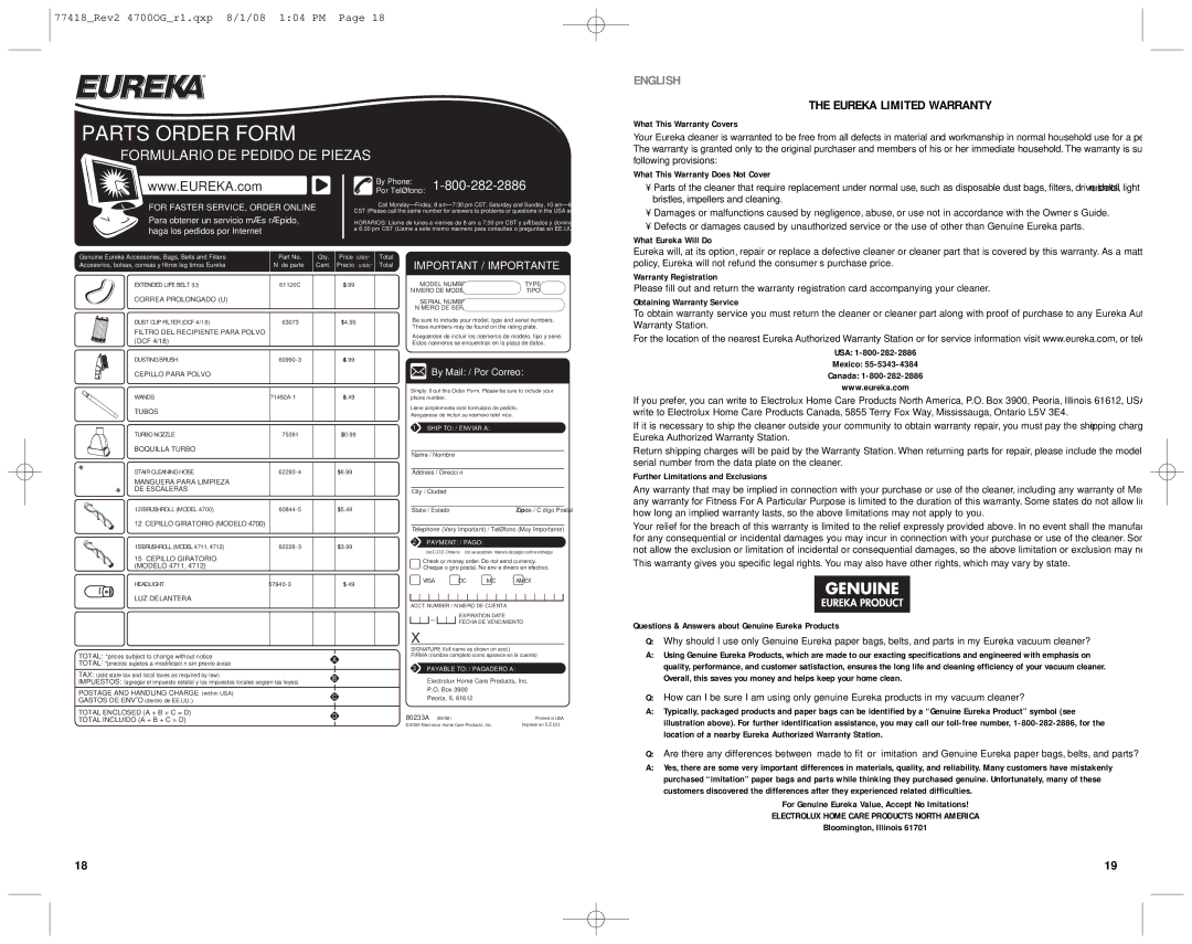 Eureka 4712 manual Eureka Limited Warranty 