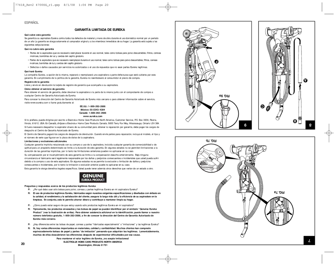 Eureka 4712 manual Garantía Limitada DE Eureka, 9a . b . a .FIG 