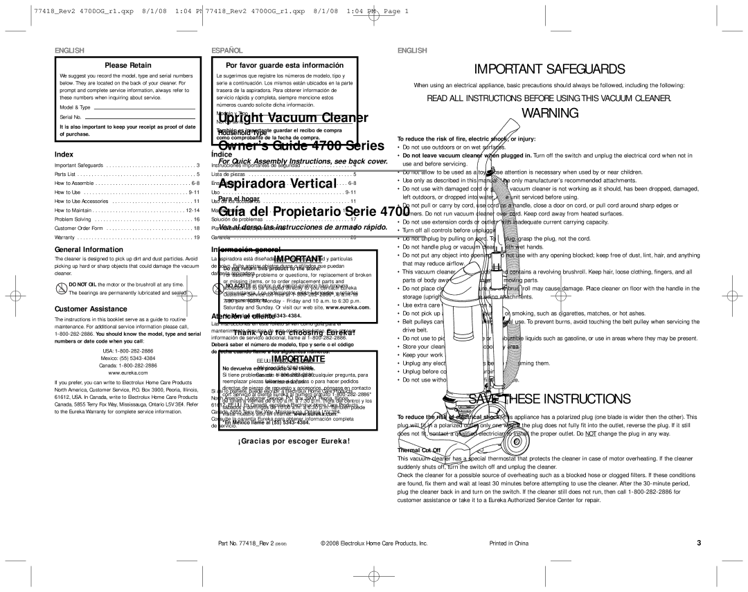 Eureka 4712 Please Retain, Por favor guarde esta información, Index, General Information, Customer Assistance, Índice 