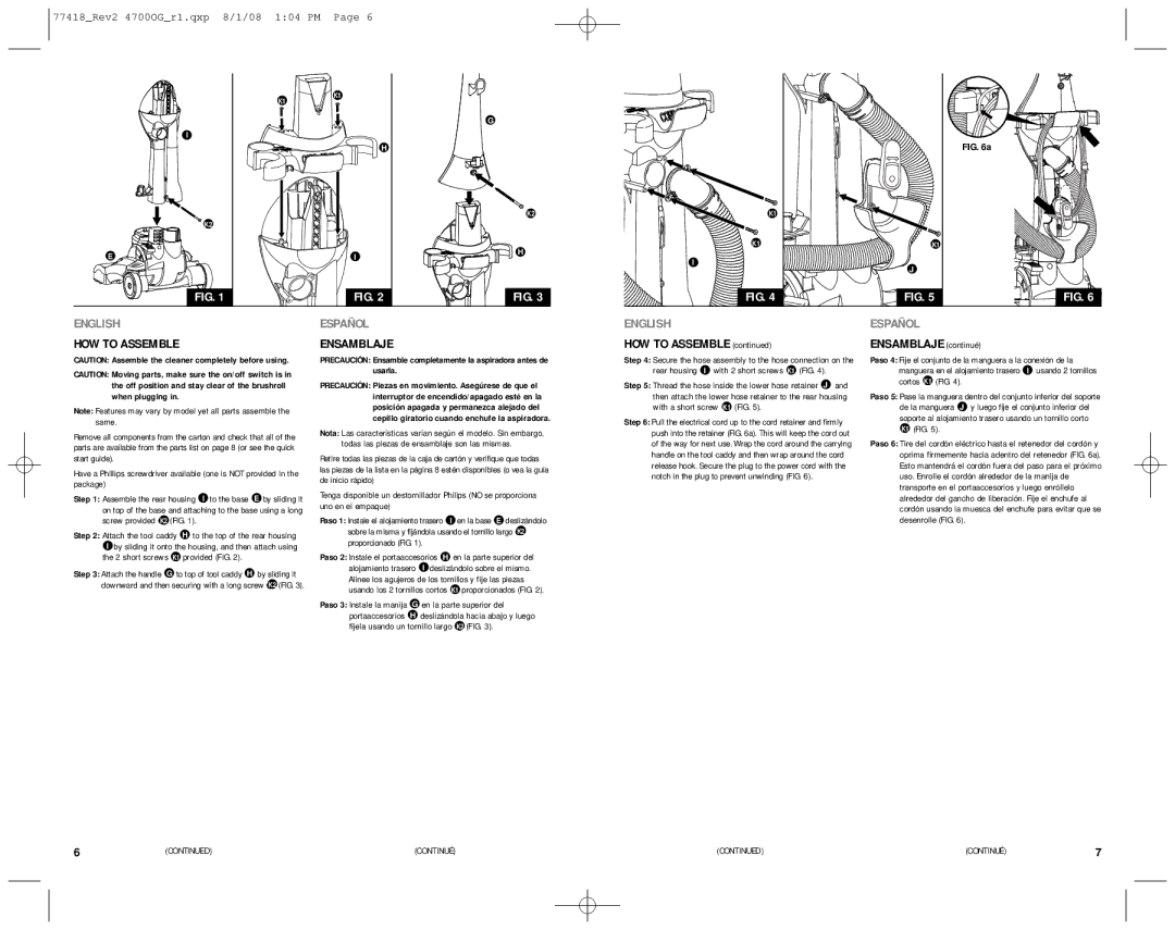 Eureka 4712 manual HOW to Assemble Ensamblaje continué, Rear housing I with 2 short screws K1 FIG 