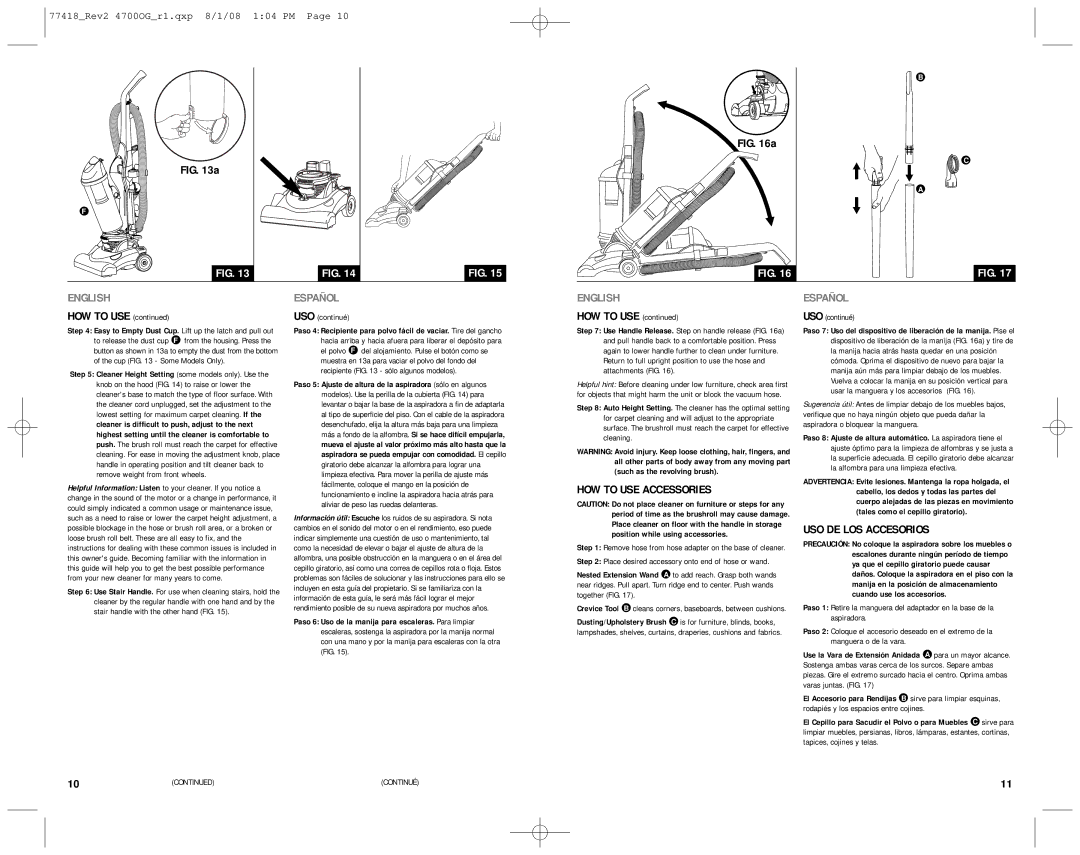 Eureka 4712 manual HOW to USE Accessories, USO DE LOS Accesorios, USO continué 