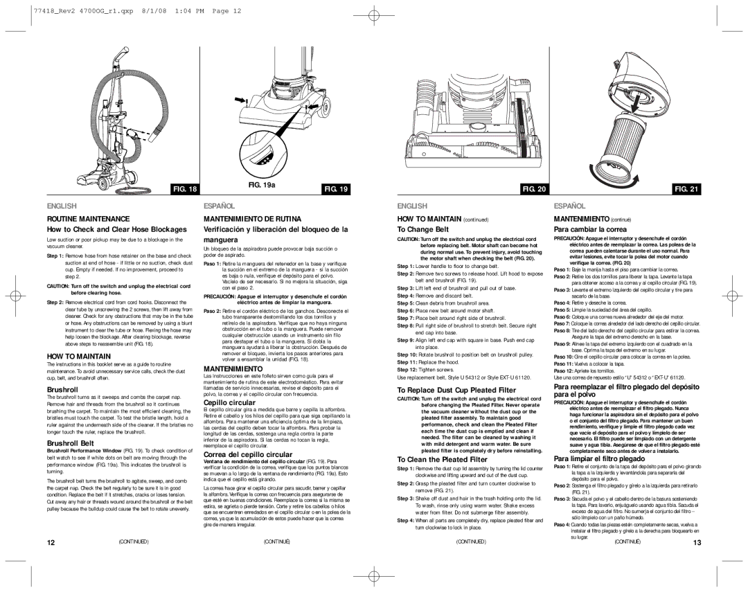 Eureka 4712 manual Routine Maintenance, HOW to Maintain, Mantenimiento DE Rutina 