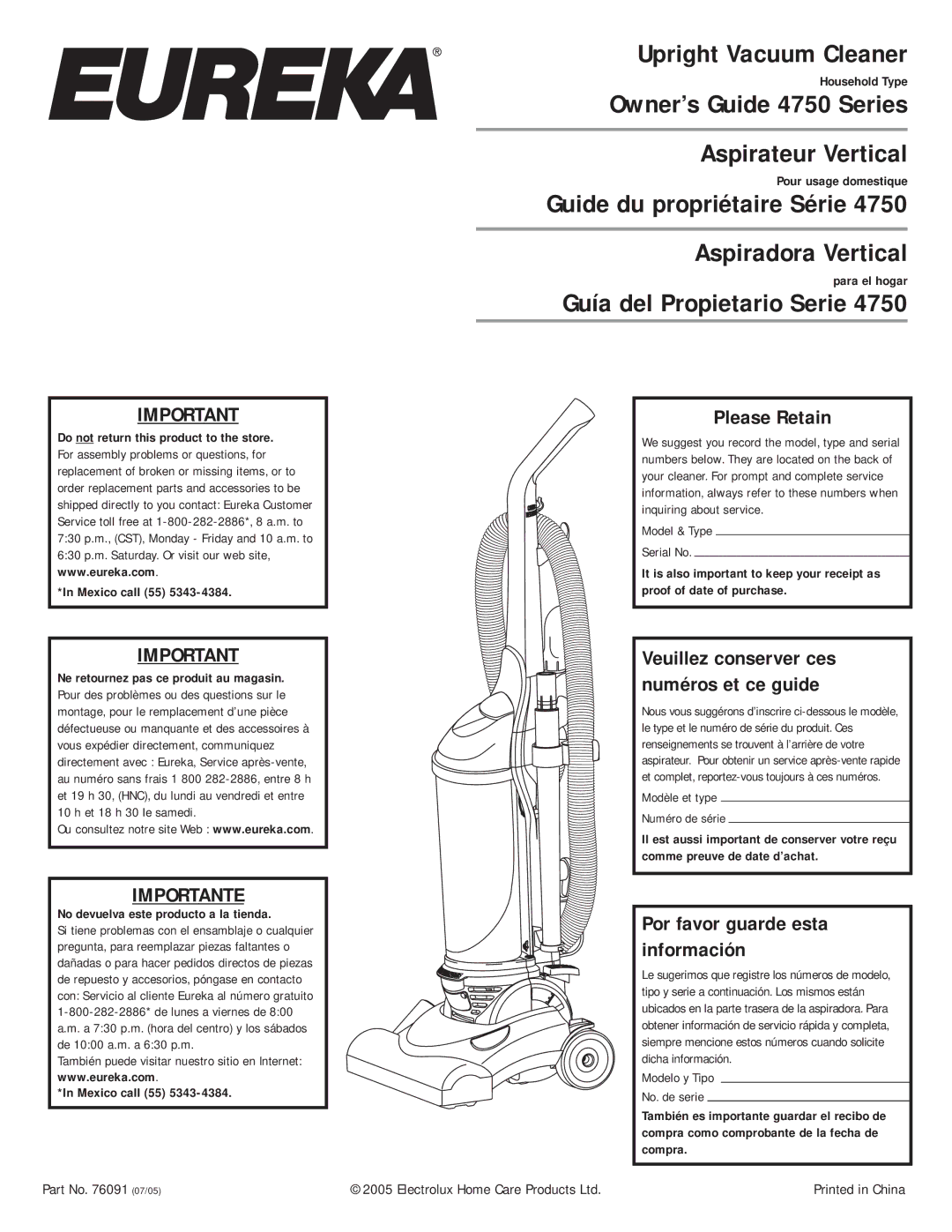 Eureka 4750A manual Please Retain, Por favor guarde esta información, Veuillez conserver ces numéros et ce guide 