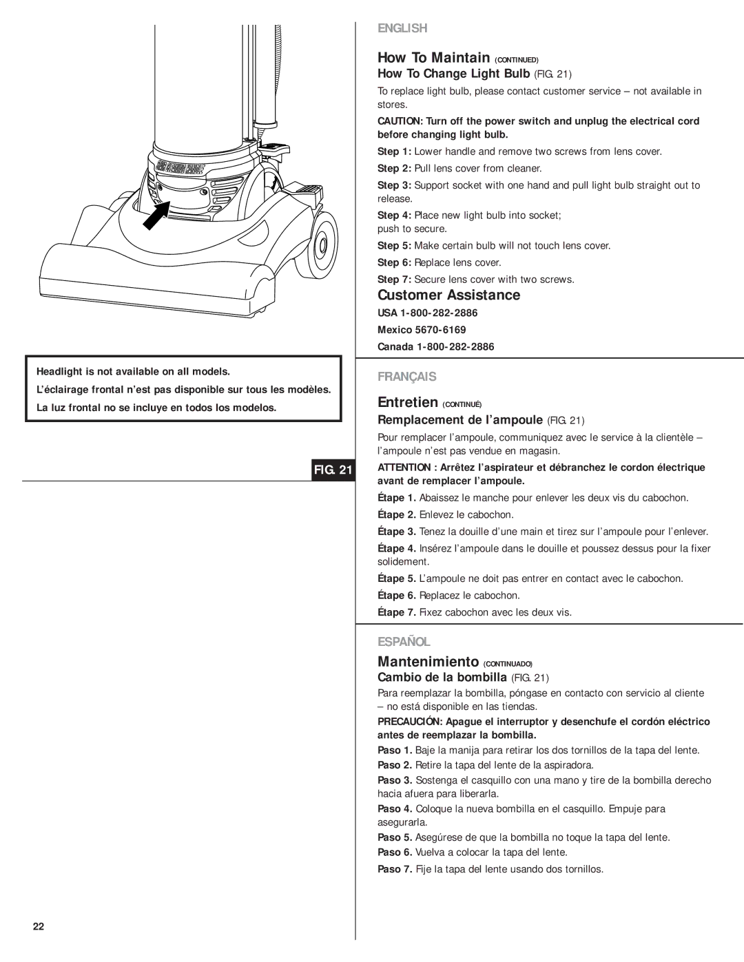 Eureka 4750A manual How To Change Light Bulb FIG, Remplacement de l’ampoule FIG, Cambio de la bombilla FIG 