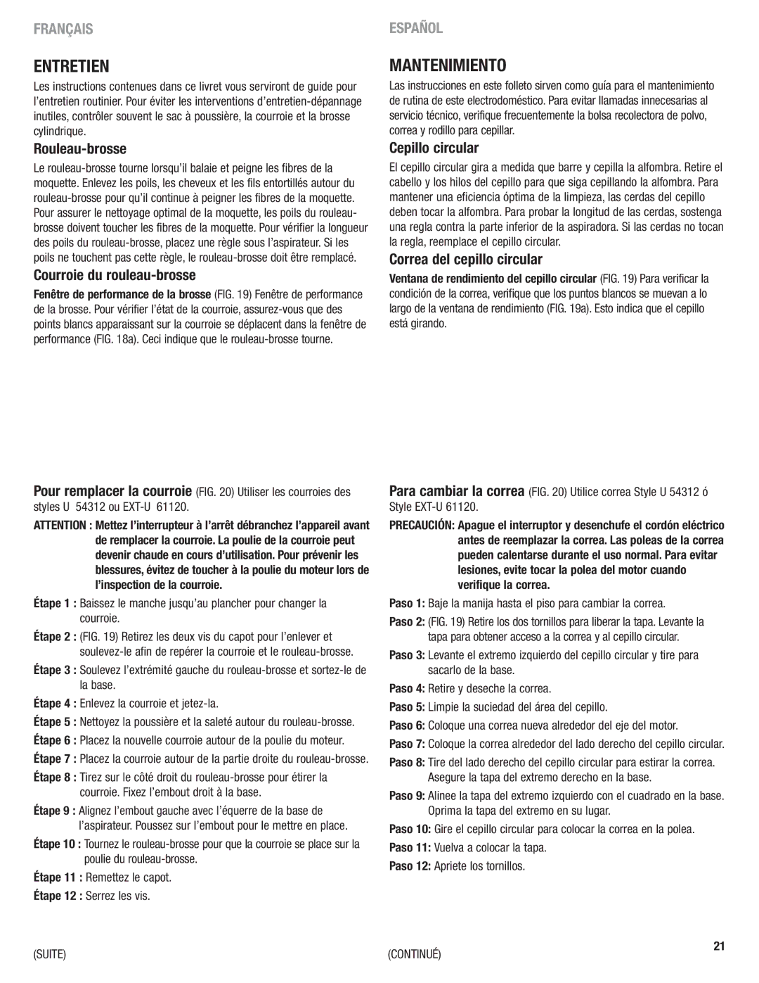 Eureka 4750 manual Entretien, Mantenimiento 