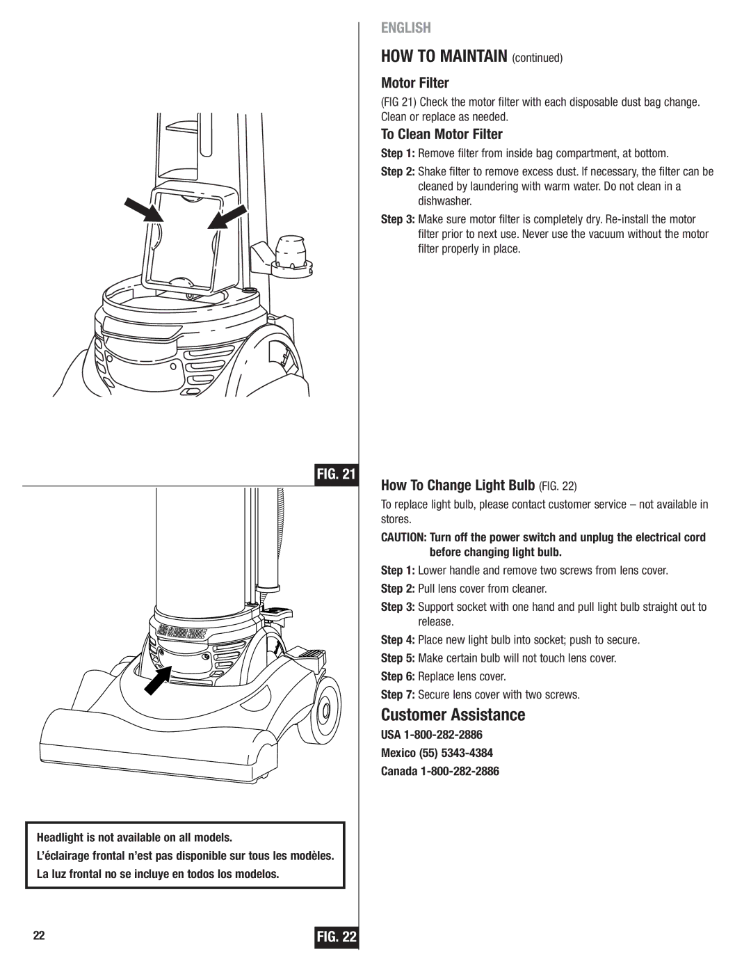 Eureka 4750 manual HOW to Maintain, To Clean Motor Filter, How To Change Light Bulb FIG 