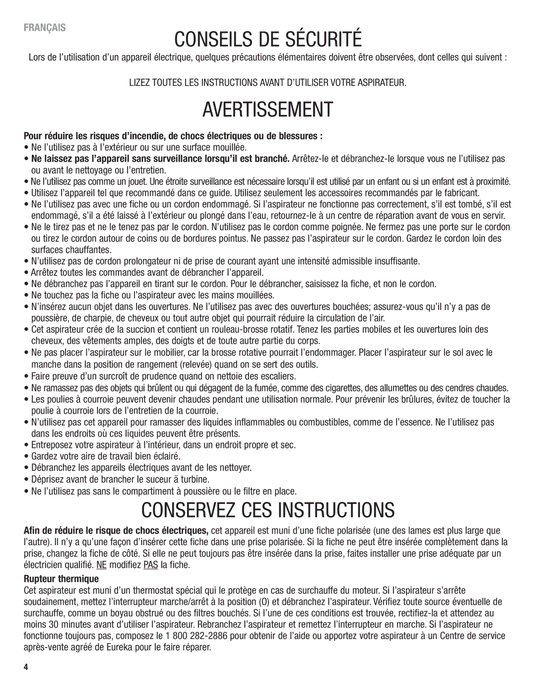 Eureka 4750 manual Conseils DE Sécurité 