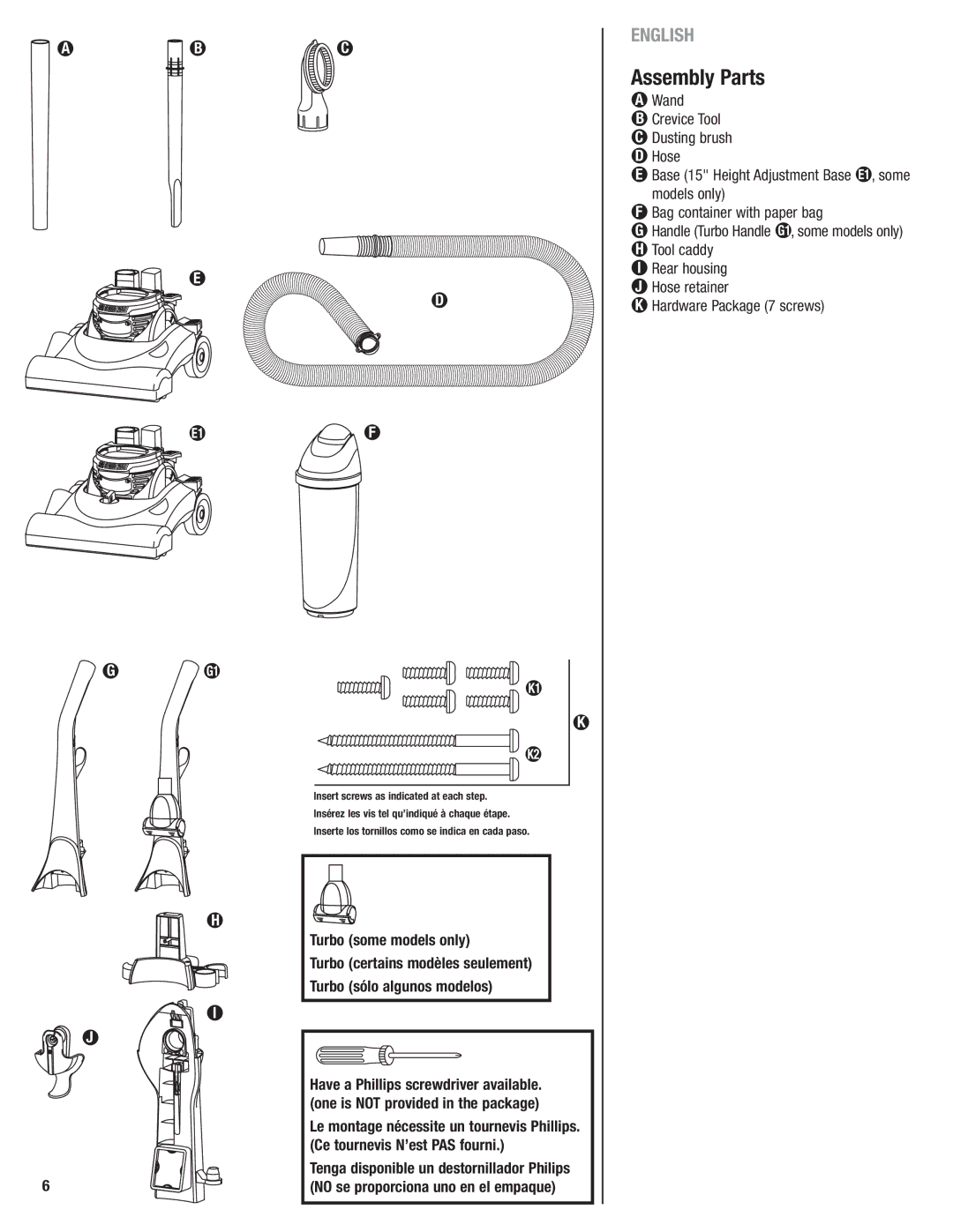 Eureka 4750 manual Assembly Parts, Wand, Hardware Package 7 screws 