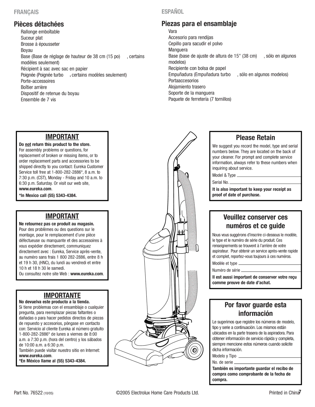 Eureka 4750 manual Pièces détachées, Piezas para el ensamblaje 